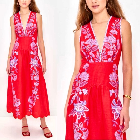 NWT Farm Rio Red Porcelain Garden Midi Dress - Picture 16 of 16